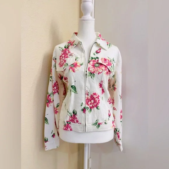 Jones New York Sport White Lightweight Jacket w/ Pink Floral Design, Medium - Picture 5 of 5